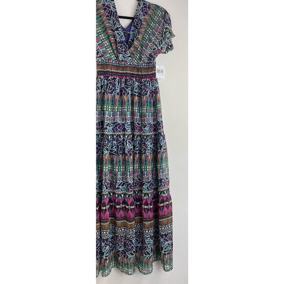 Chris McLaughlin Size 4 Boho Maxi Dress Multicolor Tribal Floral Print V Neck - Picture 2 of 13